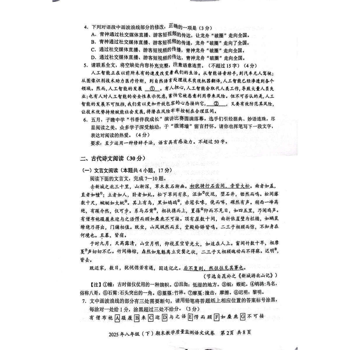 四川省眉山市2024-2025学年八年级下学期期末教学质量监测语文试卷（图片版，含答案）第2页