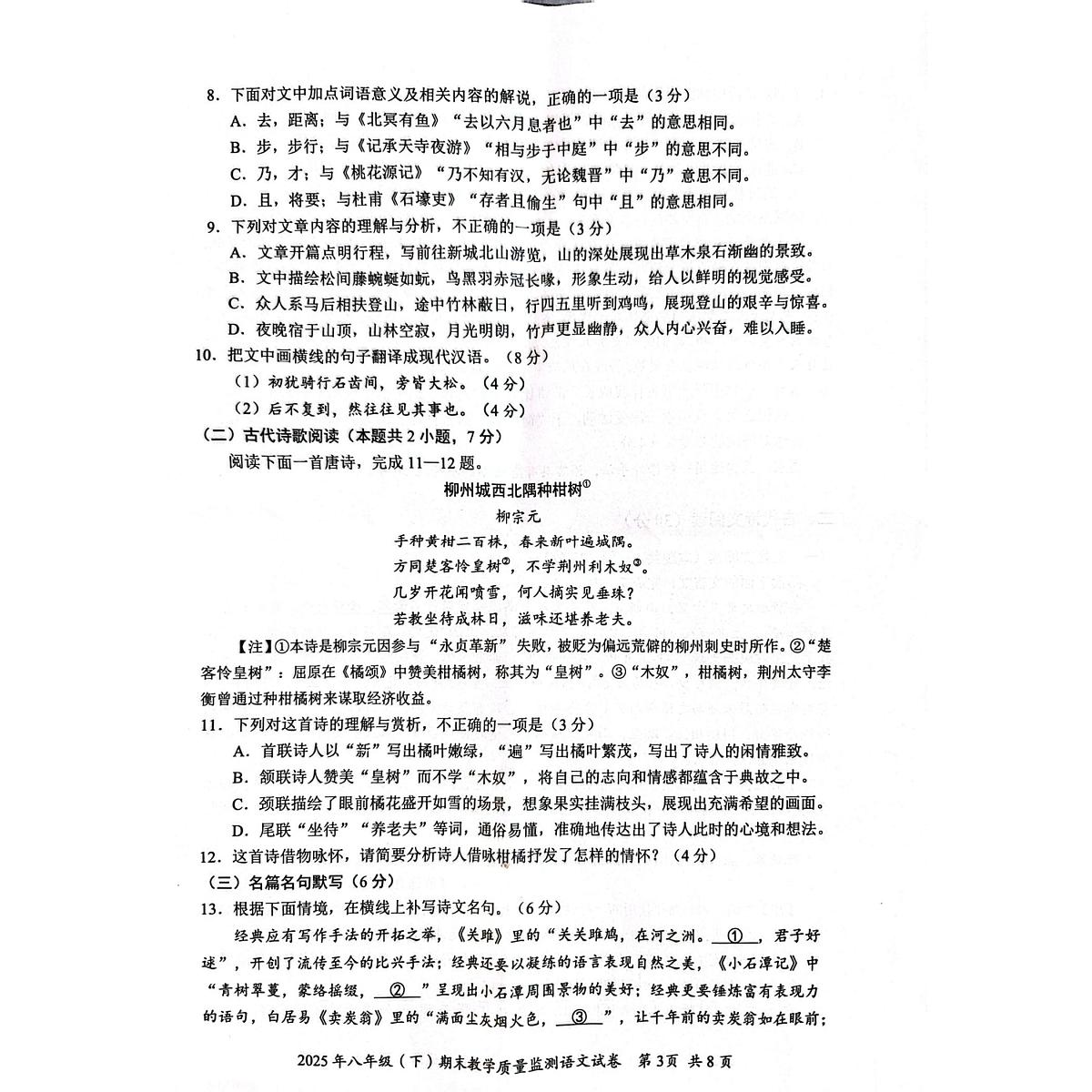 四川省眉山市2024-2025学年八年级下学期期末教学质量监测语文试卷（图片版，含答案）第3页