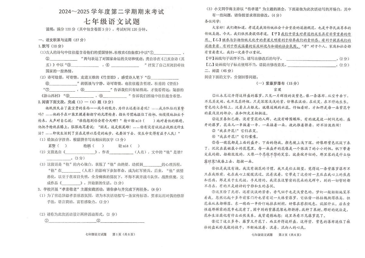 安徽省池州市青阳县2024-2025学年七年级下学期期末检测语文试题 2024-2025学年七年级下期末语文试题第1页