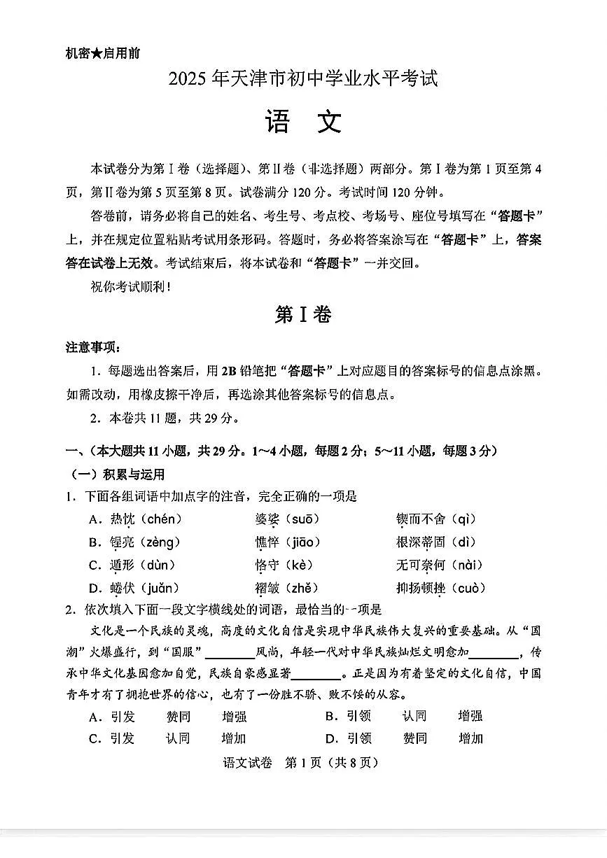 2025年天津市九年级学业水平考试语文试卷（PDF版，含答案）第1页