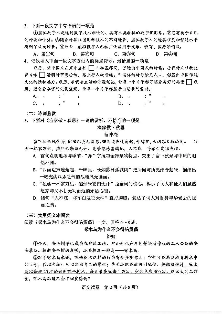 2025年天津市九年级学业水平考试语文试卷（PDF版，含答案）第2页