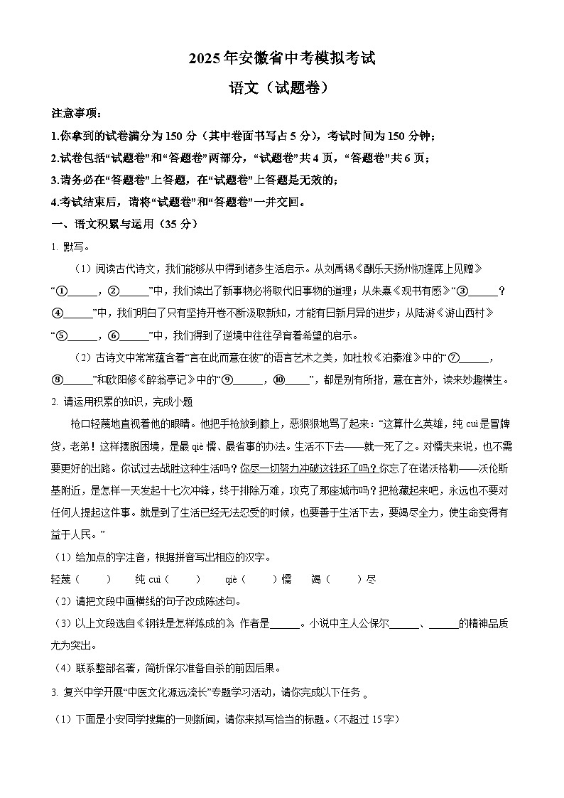 安徽省蚌埠市部分学校2025年中考模拟 语文试题第1页