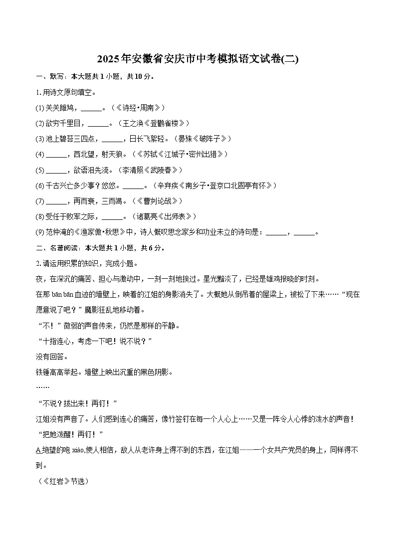 2025年安徽省安庆市中考模拟语文试题（含答案）(二)第1页