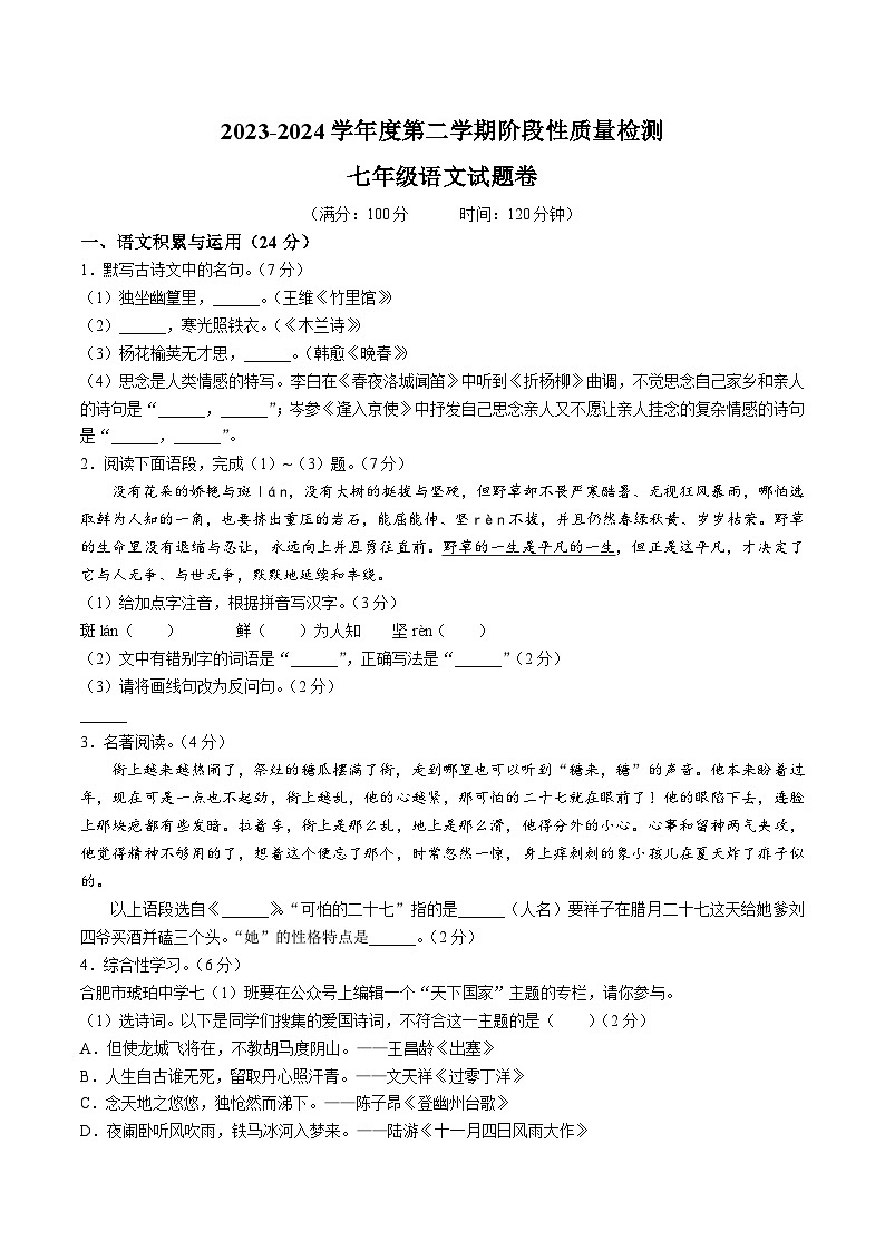 【7语期中】合肥市琥珀教育集团2023-2024学年七年级下学期期中语文试题第1页