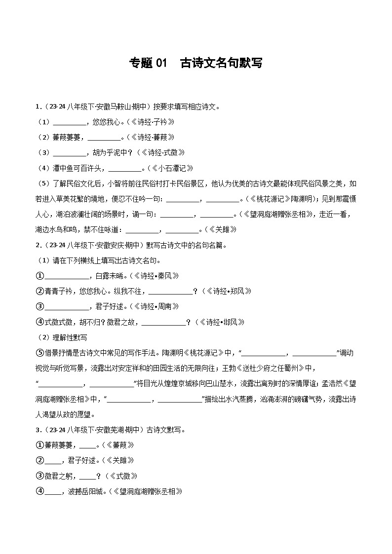 2025年春人教版八年级语文下学期期中真题分类  专题01 古诗文名篇名句默写第1页