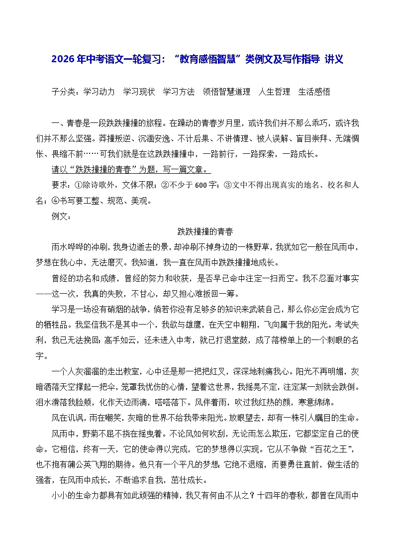 2026年中考语文一轮复习：“教育感悟智慧”类例文及写作指导 讲义第1页