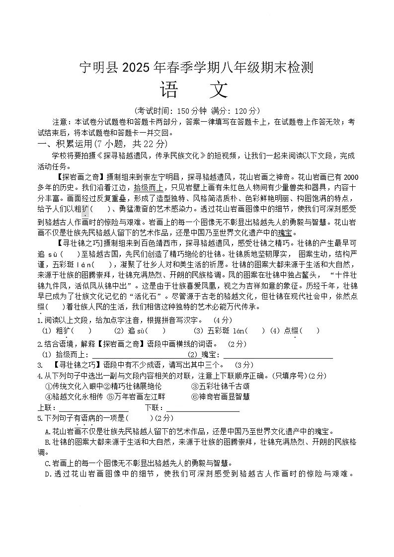 广西壮族自治区崇左市宁明县2024-2025学年八年级下学期6月期末语文试题第1页