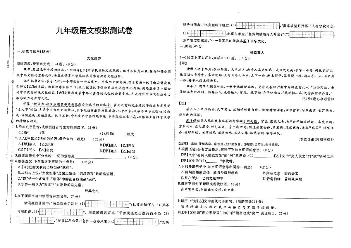 吉林省蛟河市四校联考2024~2025学年度下学期九年级语文模拟测试卷（含答案）第1页