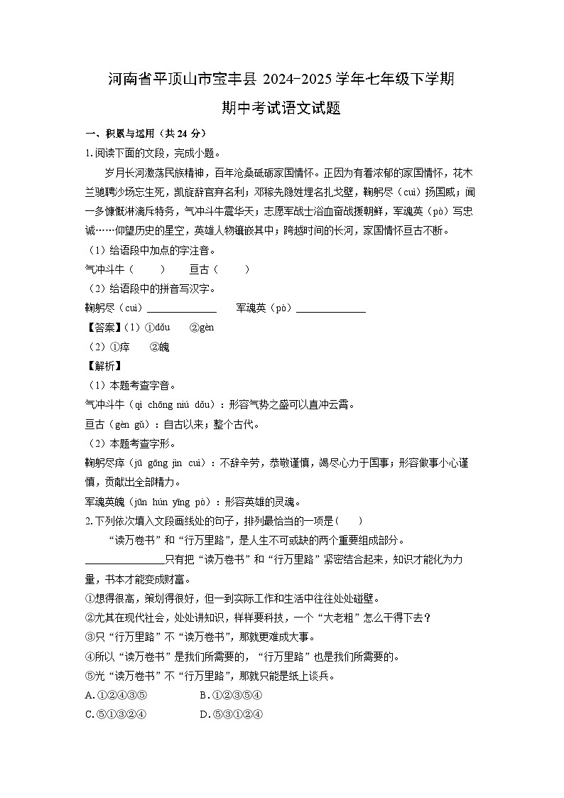河南省平顶山市宝丰县2024-2025学年七年级下期中考试语文试卷（解析版）第1页