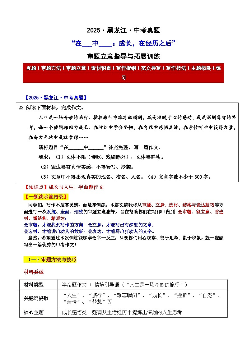 2025 黑龙江 中考真题“在___中____：成长，在经历之后”审题立意指导与拓展训练-2025年中考语文作文真题解析与导写第1页