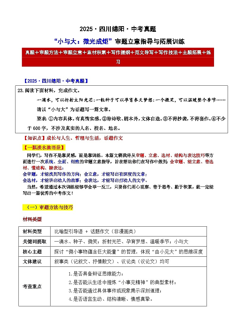 2025 四川绵阳 中考真题“小与大：微光成炬”审题立意指导与拓展训练-2025年中考语文作文真题解析与导写第1页