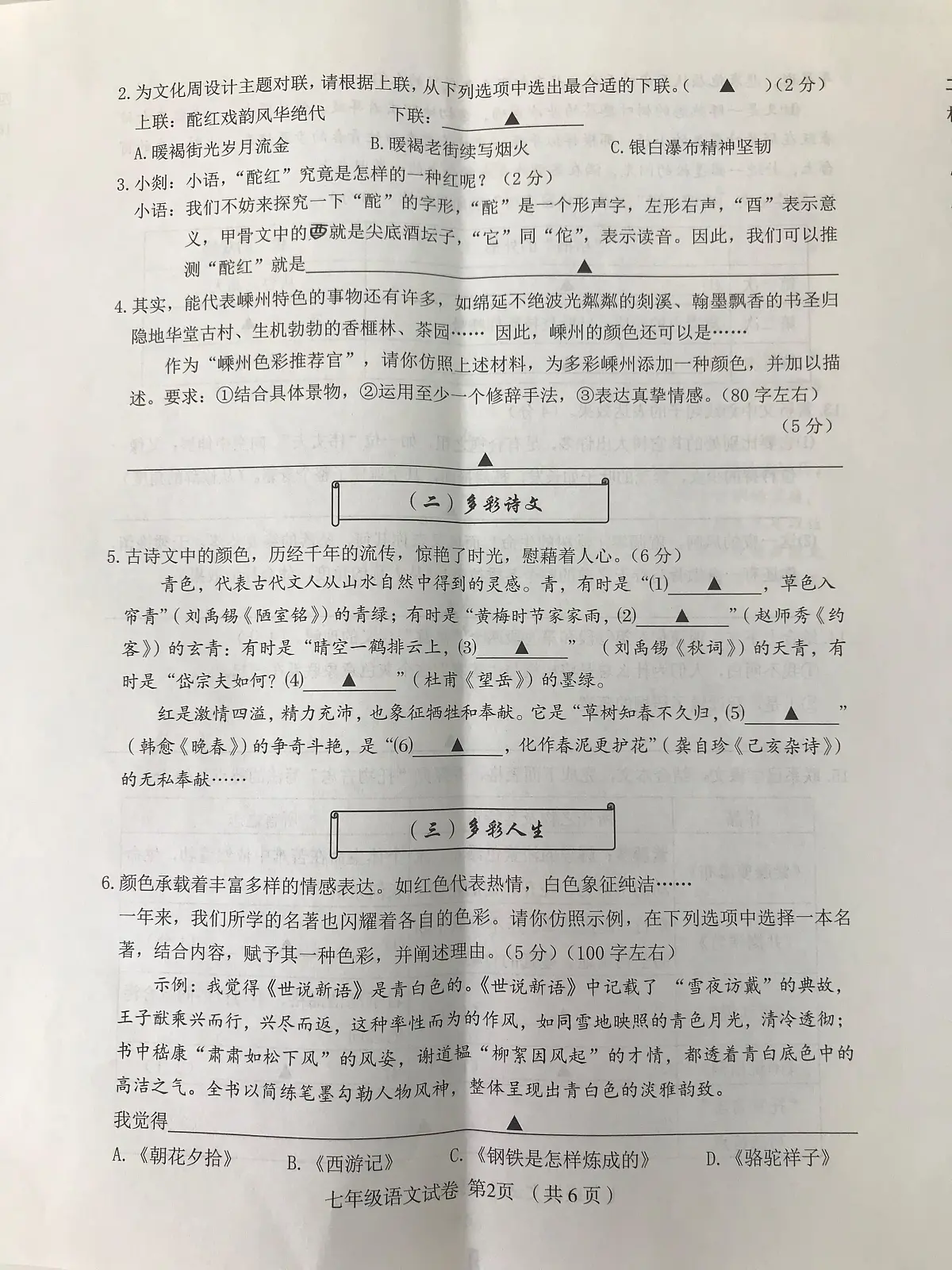 2024-2025学年第二学期浙江省绍兴市嵊州七年级语文期末试卷（图片版，含答案）第2页