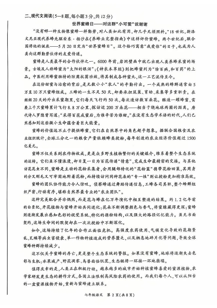 四川省广安市岳池县2024-2025学年七年级下学期诊断考试语文试卷第2页