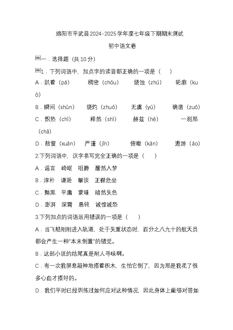 （语文）绵阳市平武县2024-2025学年度七年级下期期末测试第1页