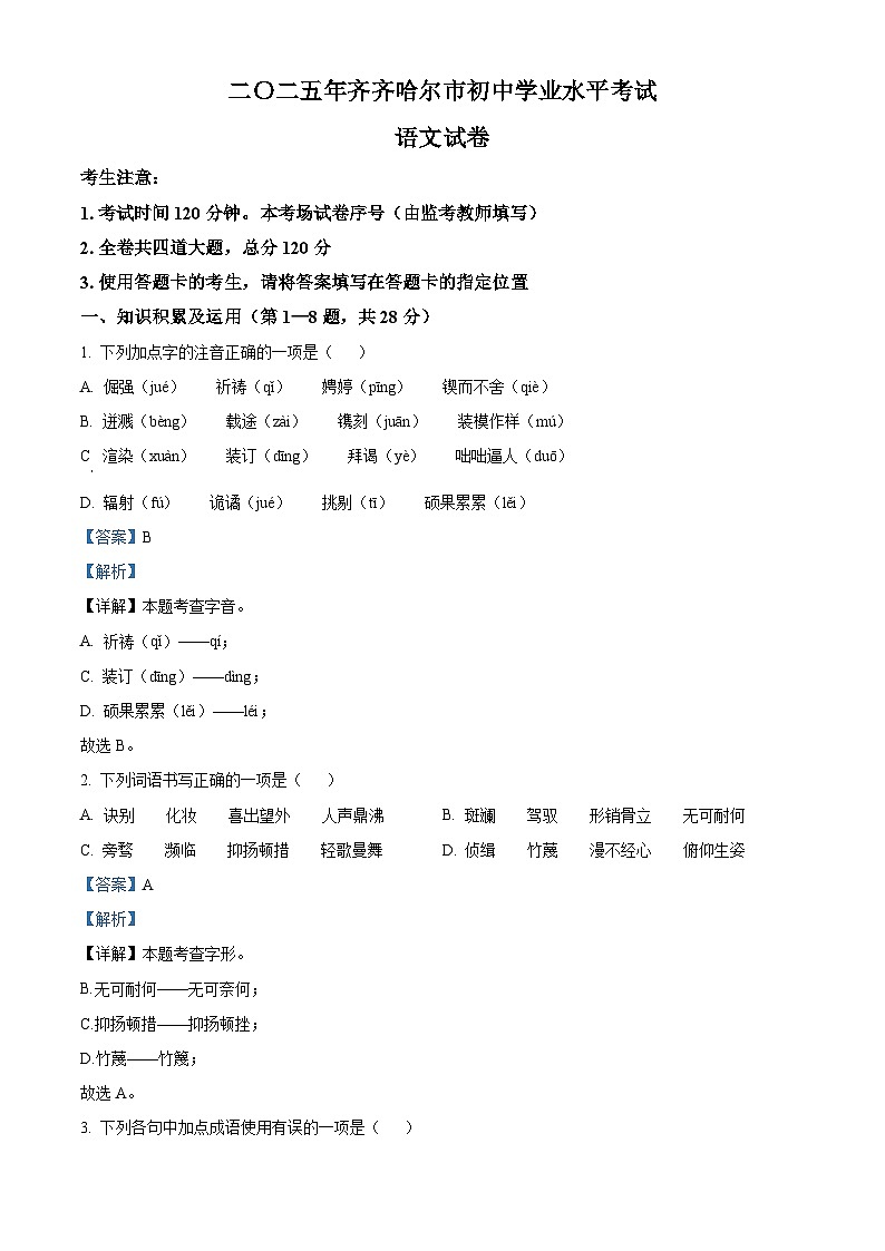 2025年黑龙江省齐齐哈尔市中考语文真题（解析版）第1页