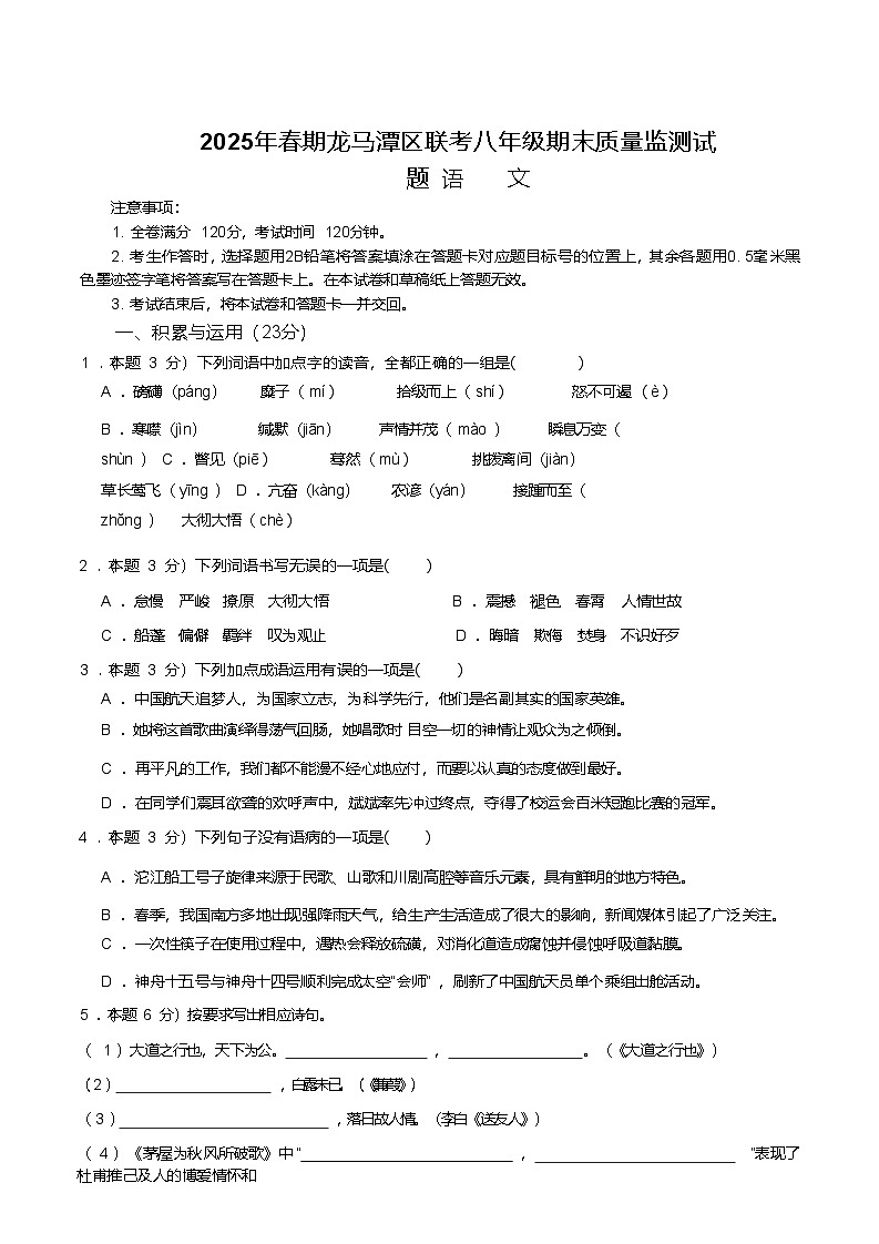四川省泸州市龙马潭区多校联考2024-2025学年八年级下学期6月期末考试语文试卷（含答案）第1页