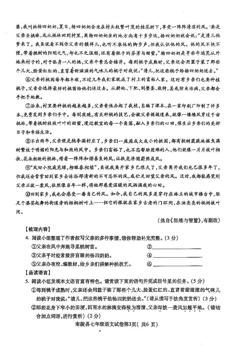 【7语期末】芜湖市南陵县2024-2025学年七年级下学期6月期末语文试卷第3页