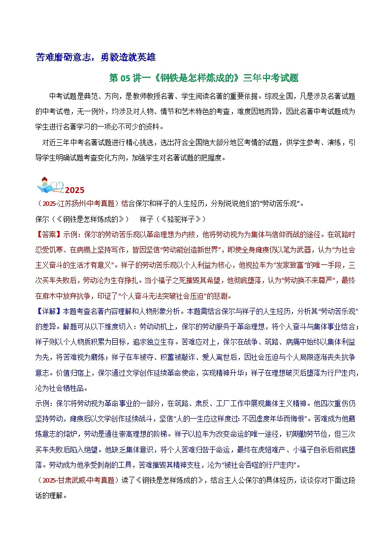 第05讲一《钢铁是怎样炼成的》三年中考试题（含答案）第1页