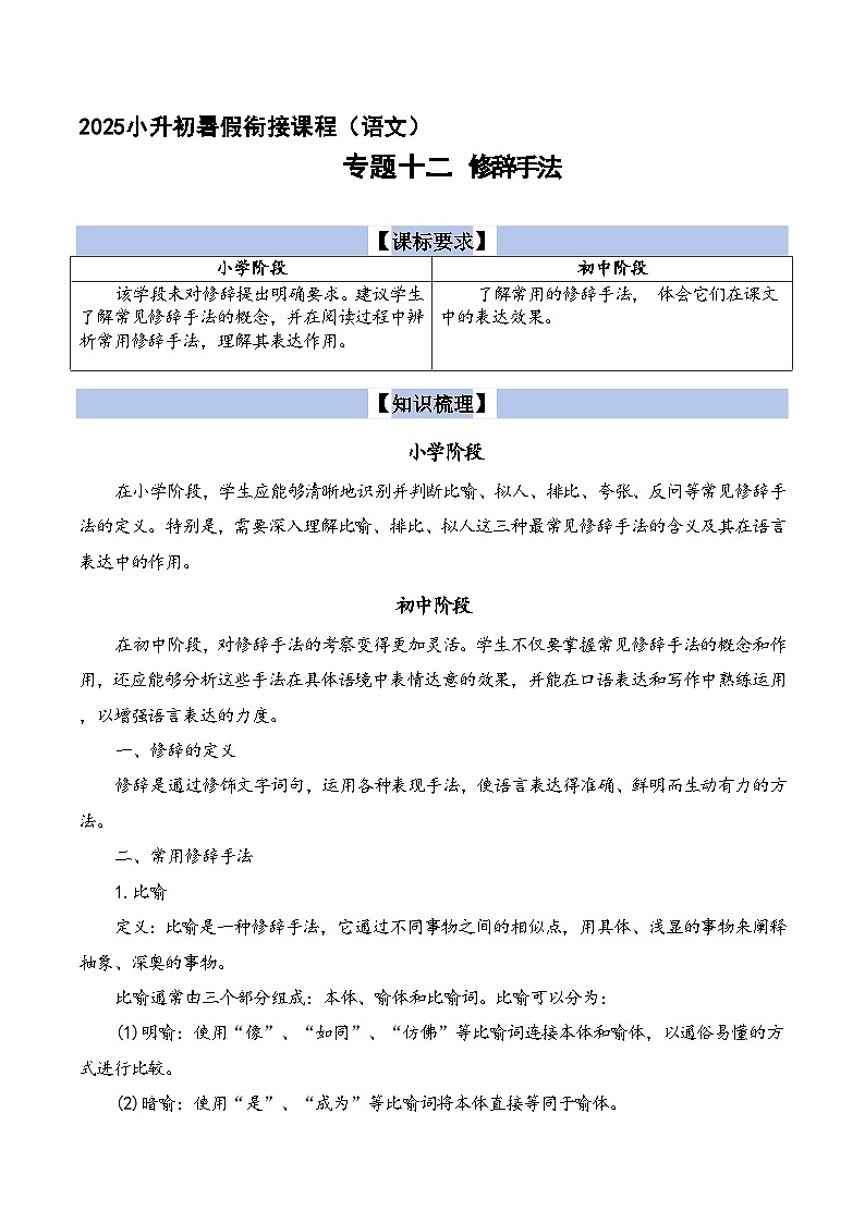 专题12  修辞手法（原版+答案）2025小升初语文暑假衔接提升专项讲义（统编版）第1页