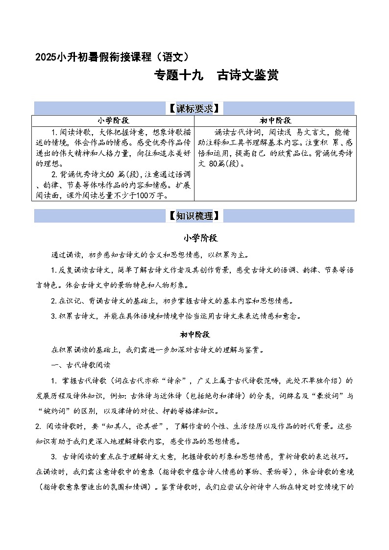 专题19  古诗文阅读（原版+答案）2025小升初语文暑假衔接提升专项讲义（统编版）第1页