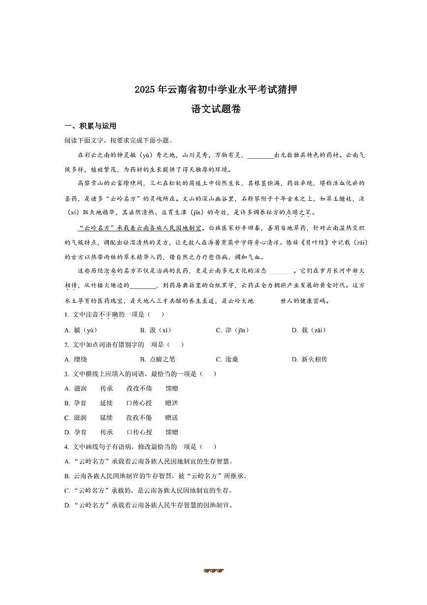 2025年云南省楚雄彝族自治州中考三模语文试卷(含答案)第1页