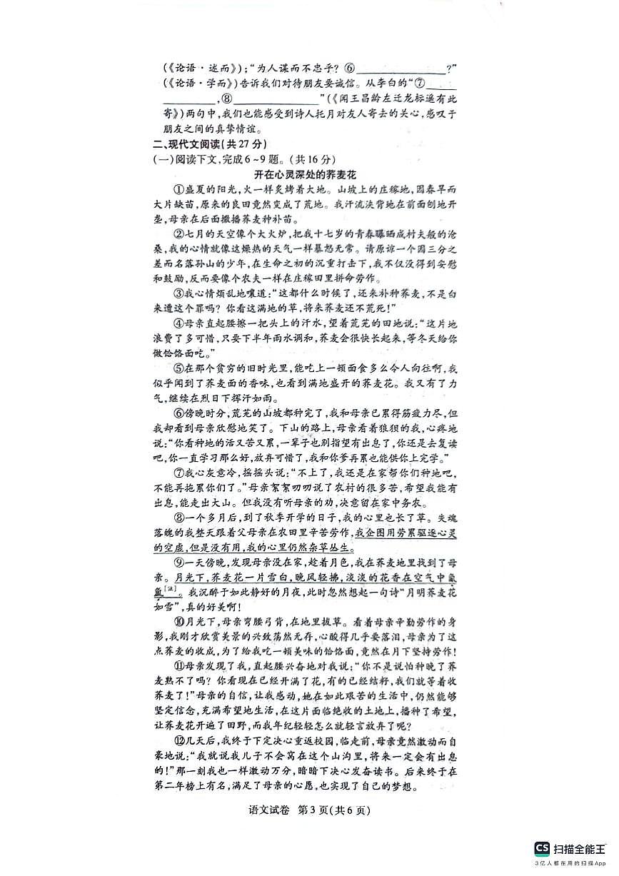 河南省安阳市安阳县2024-2025学年七年级上学期11月期中语文试题第3页