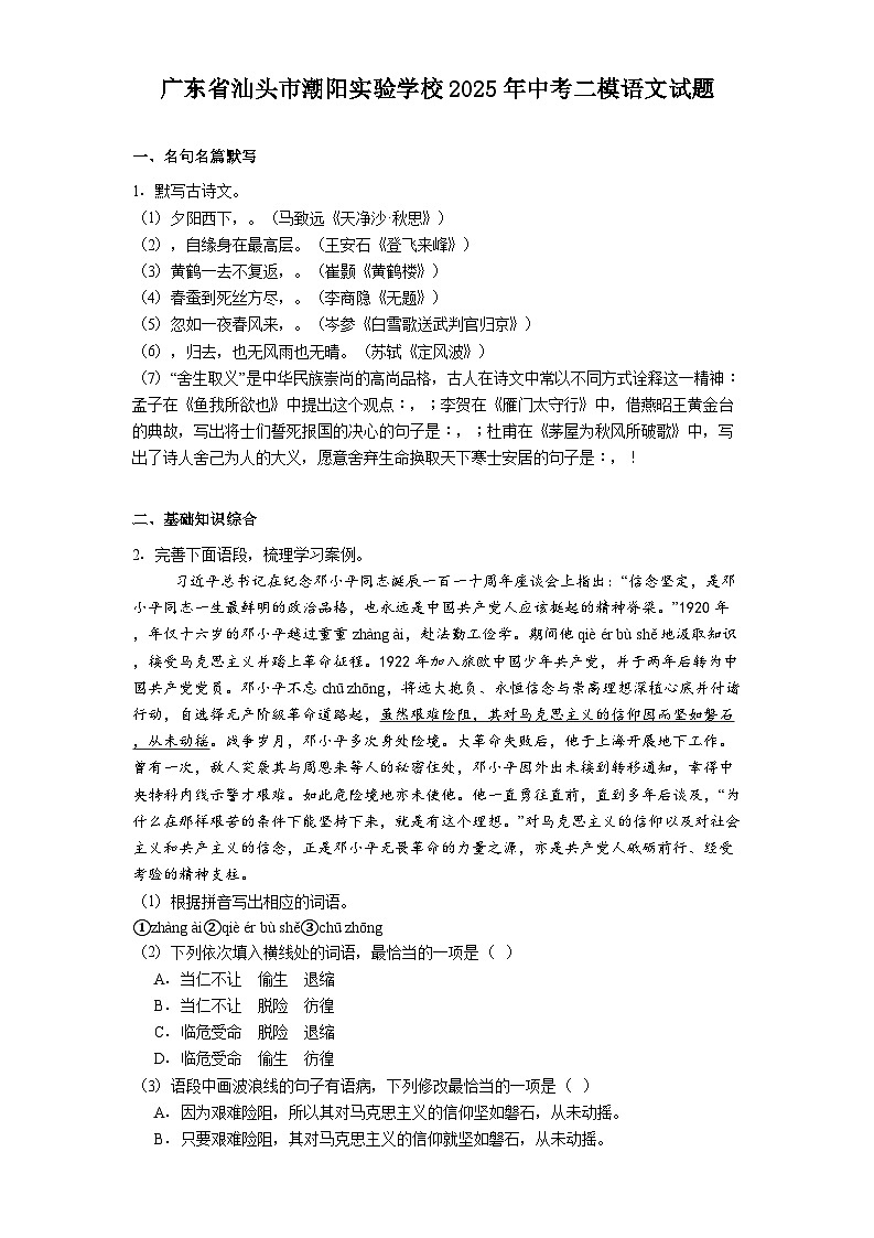 广东省汕头市潮阳实验学校2025年中考二模语文试题（含答案）第1页