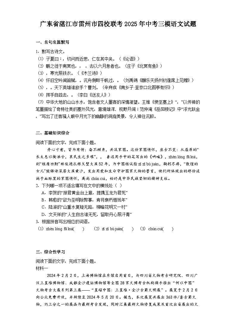 广东省湛江市雷州市四校联考2025年中考三模语文试题（含答案）第1页