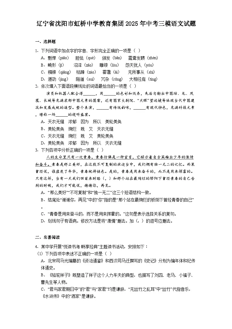 辽宁省沈阳市虹桥中学教育集团2025年中考三模语文试题（含答案）第1页