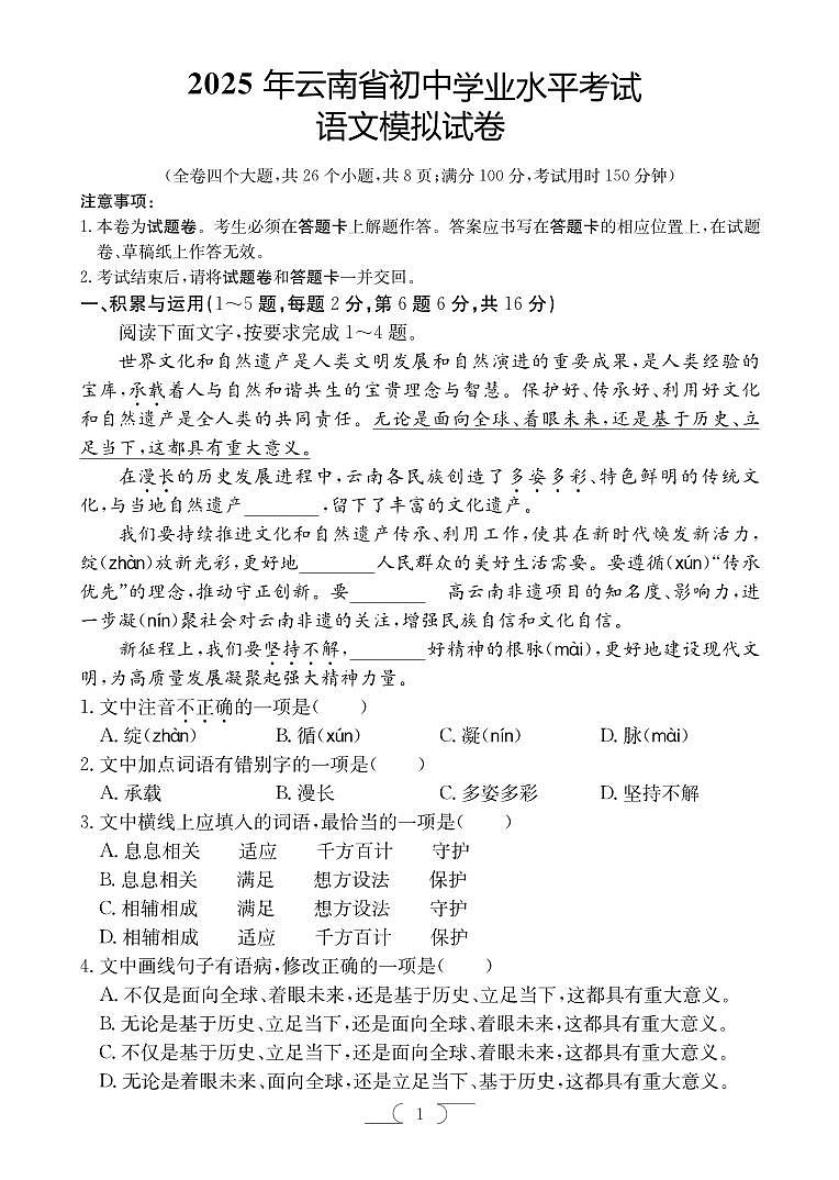 2025年云南省楚雄彝族自治州楚雄市中考一模语文试题第1页
