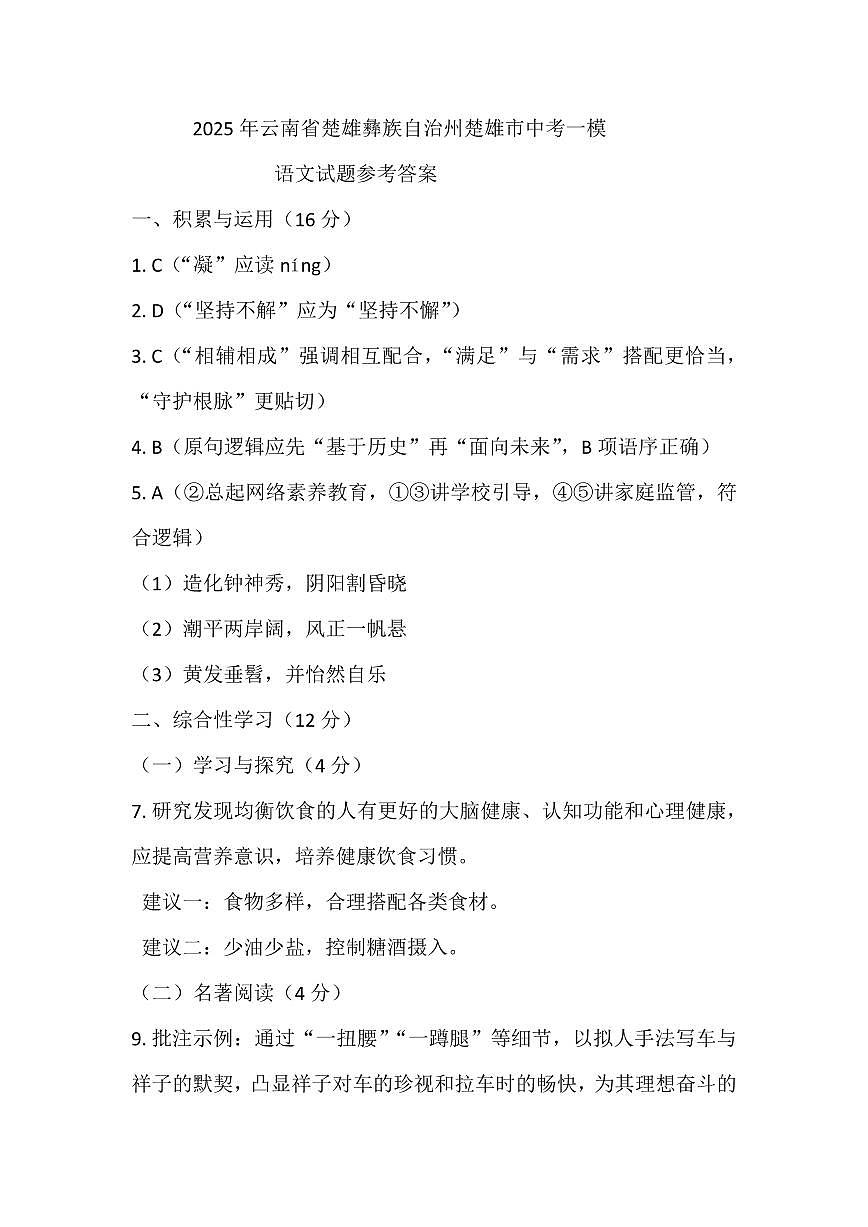 2025年云南省楚雄彝族自治州楚雄市中考一模语文试题参考答案第1页