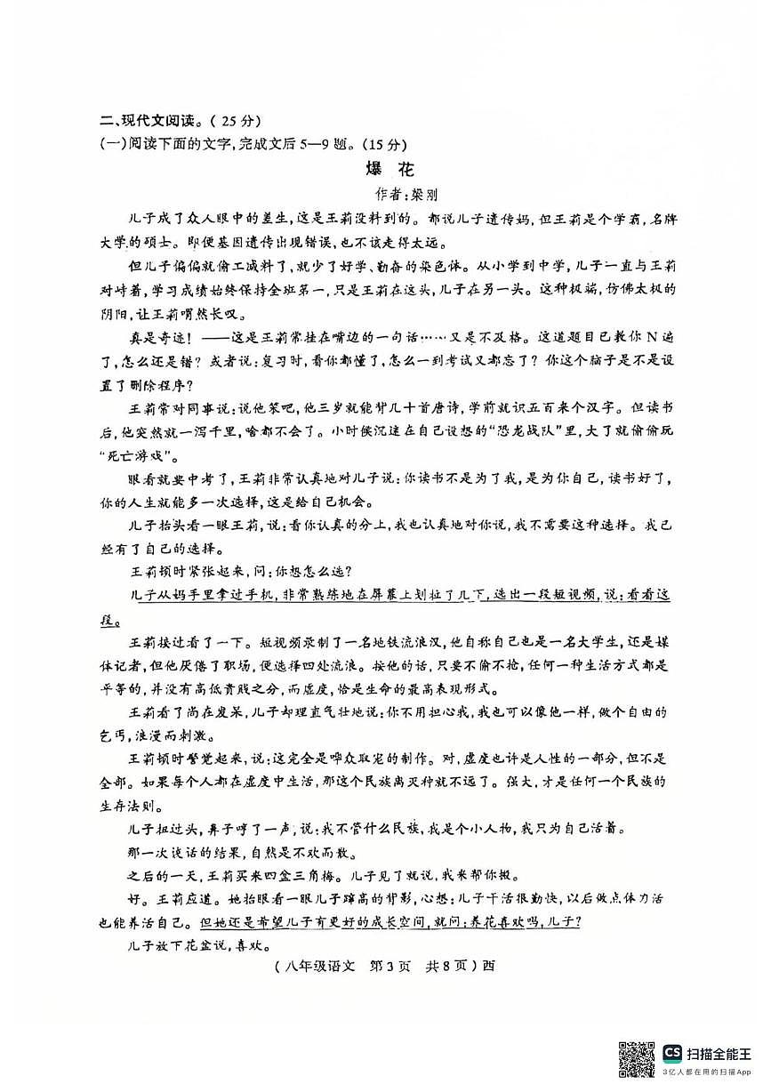 河南省驻马店市西平县2024-2025学年八年级下学期6月期末考试语文试题第3页