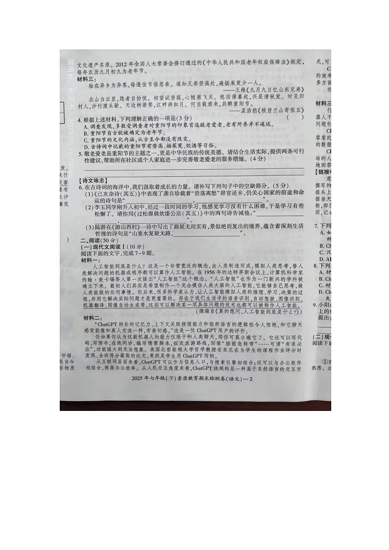 湖南省邵阳市大祥区2024-2025学年七年级下学期6月期末语文试题第2页