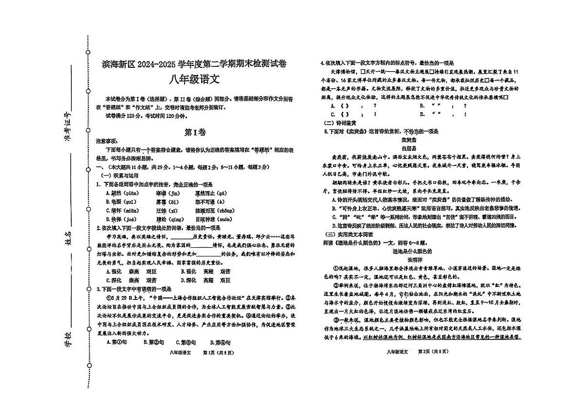 天津市滨河新区2024-2025学年八年级下语文期末试卷第1页