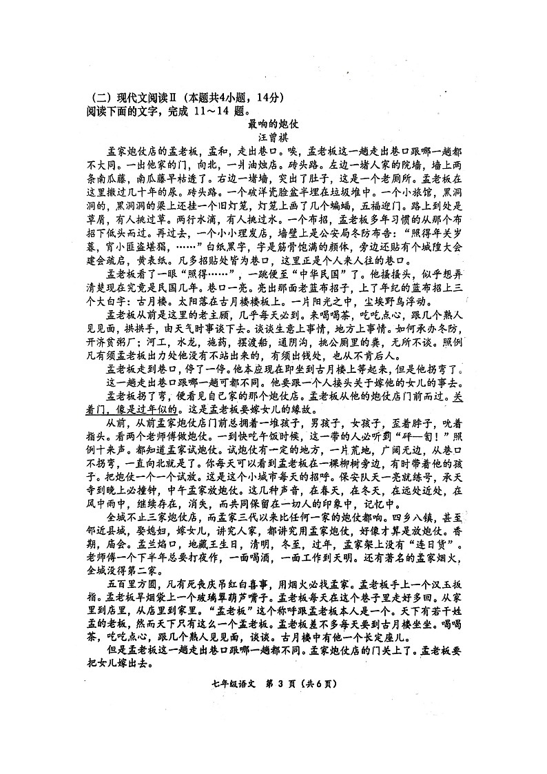 广西壮族自治区百色市田阳区2024-2025学年七年级下学期6月期末语文试题第3页