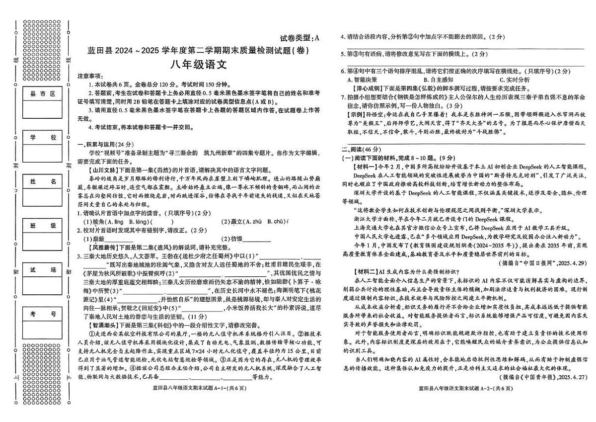 2024—2025学年陕西省西安市蓝田县八年级下学期期末考试语文试题第1页