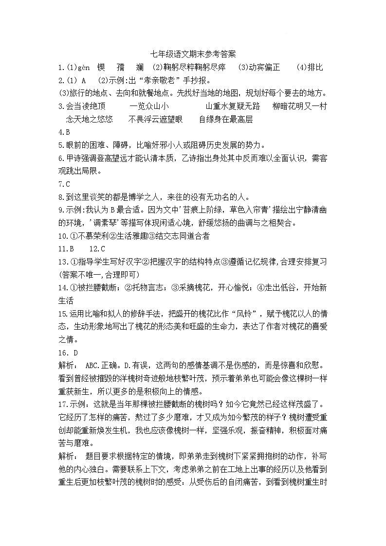 河北省邯郸市临漳县2024-2025学年七年级下学期期末教学质量检测语文试卷答案第1页