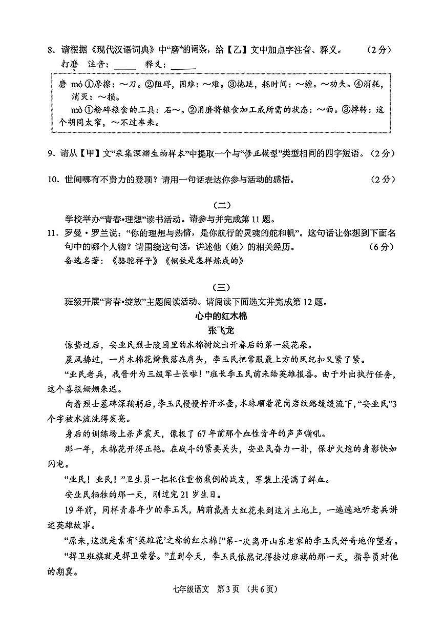山西省平遥县2024-2025学年下学期七年级期末考试语文试卷（PDF版，含答案）第3页