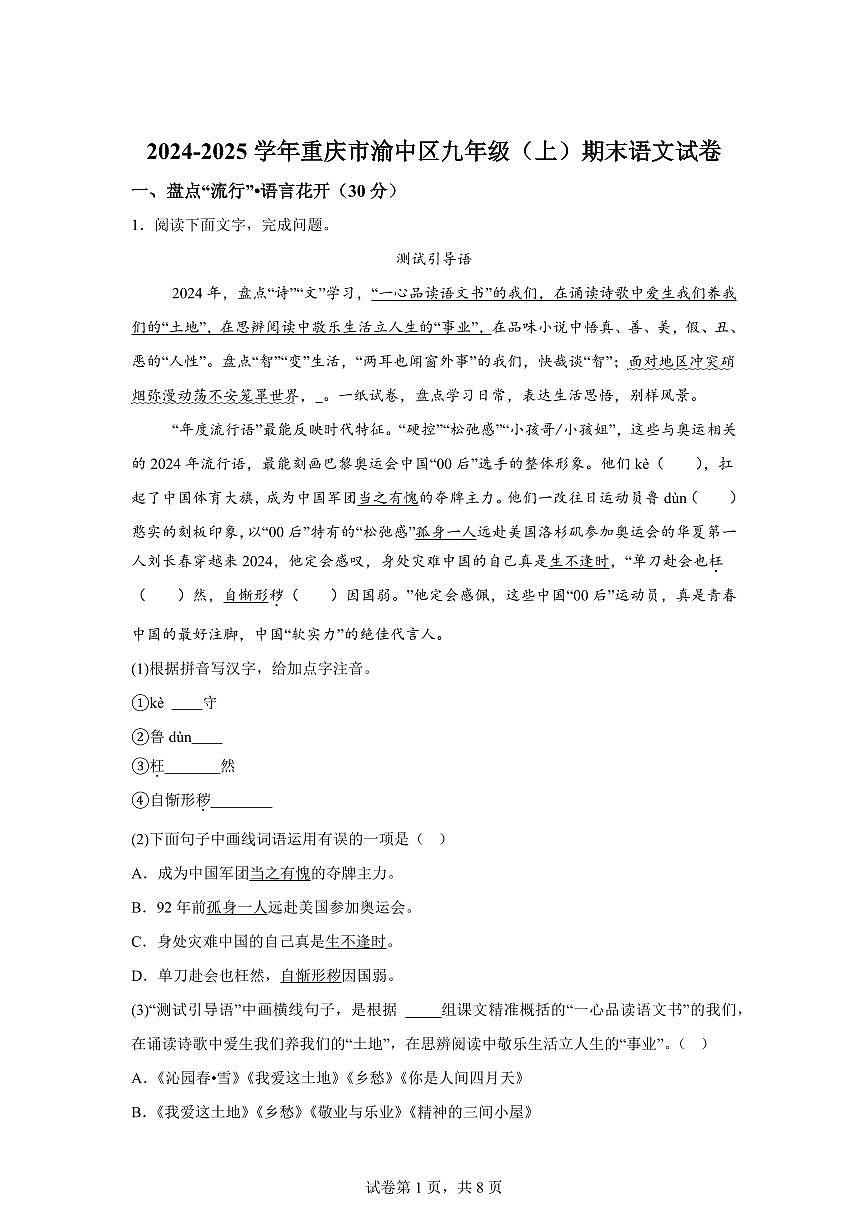重庆市渝中区2024~2025学年九年级上学期期末语文试题（含解析）第1页