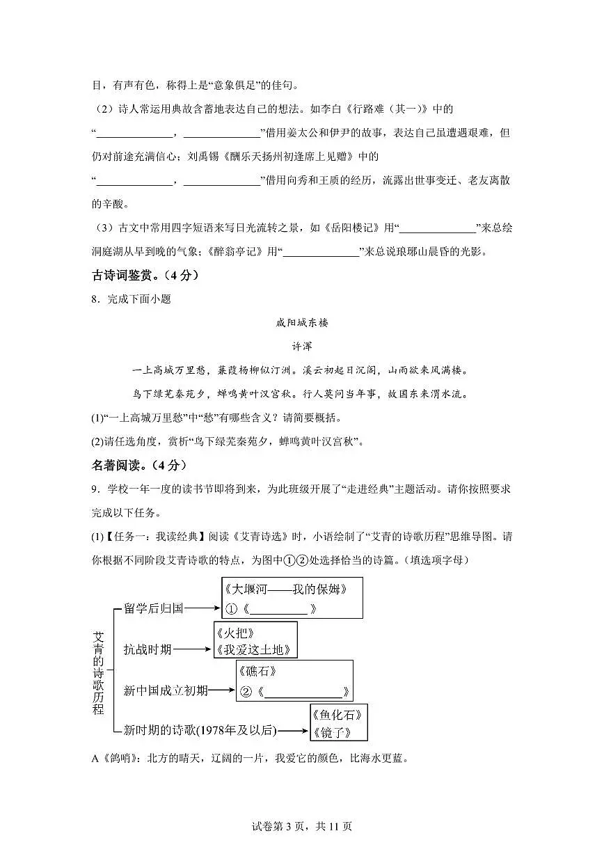 四川省岳池县2024~2025学年九年级上学期期末语文试题（含解析）第3页
