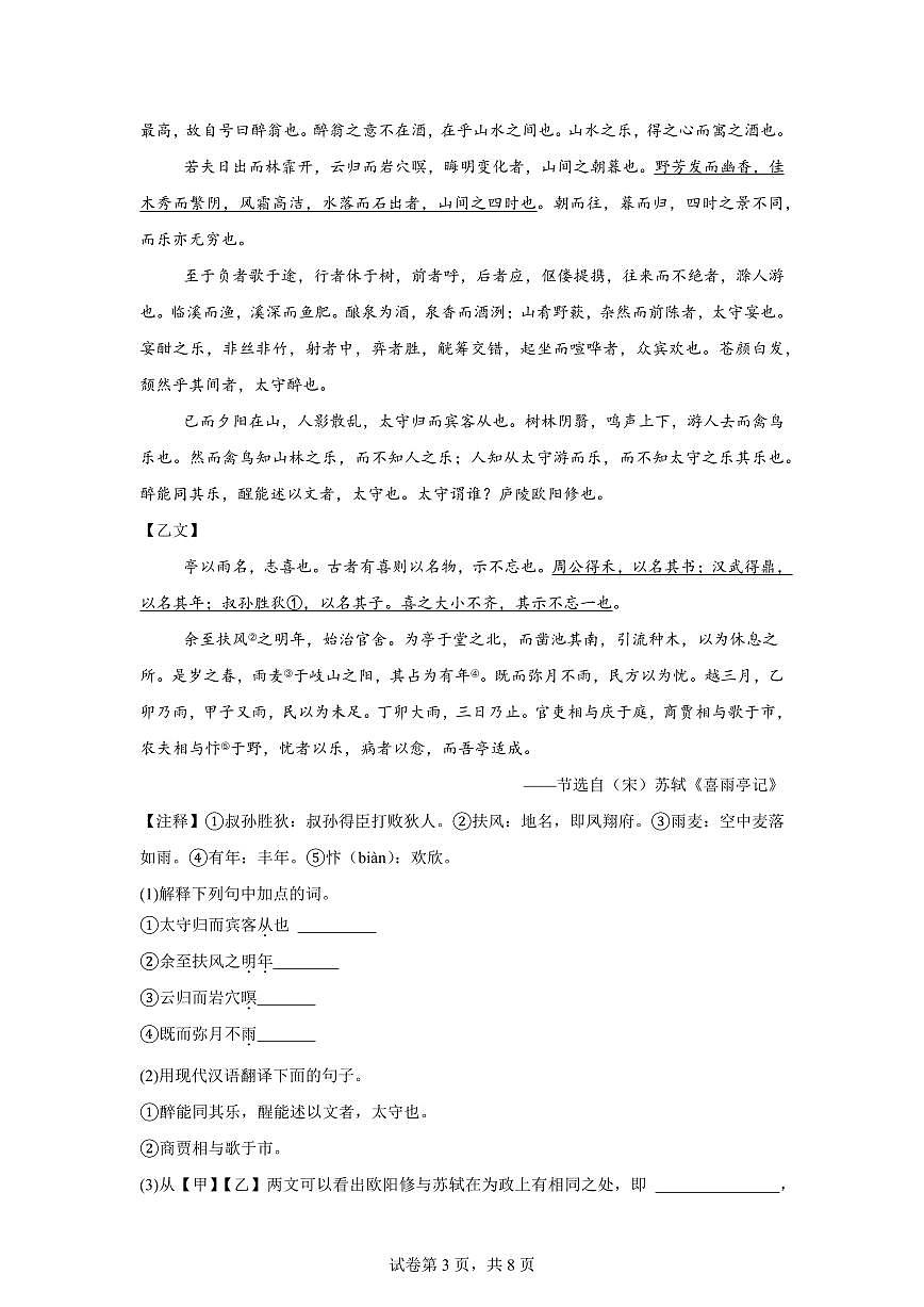 重庆市奉节县2024~2025学年九年级上学期期末语文试题（含解析）第3页