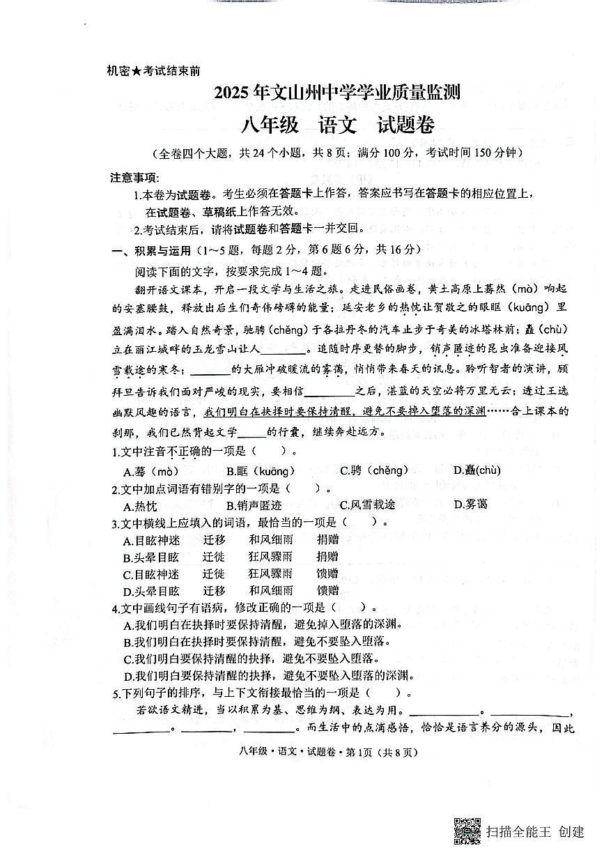 2024-2025学年云南省文山州八年级下学期期末语文试卷第1页