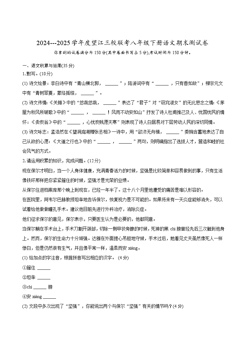 安徽省安庆市望江县三校联考2024-2025学年八年级下学期6月期末考试语文试卷第1页