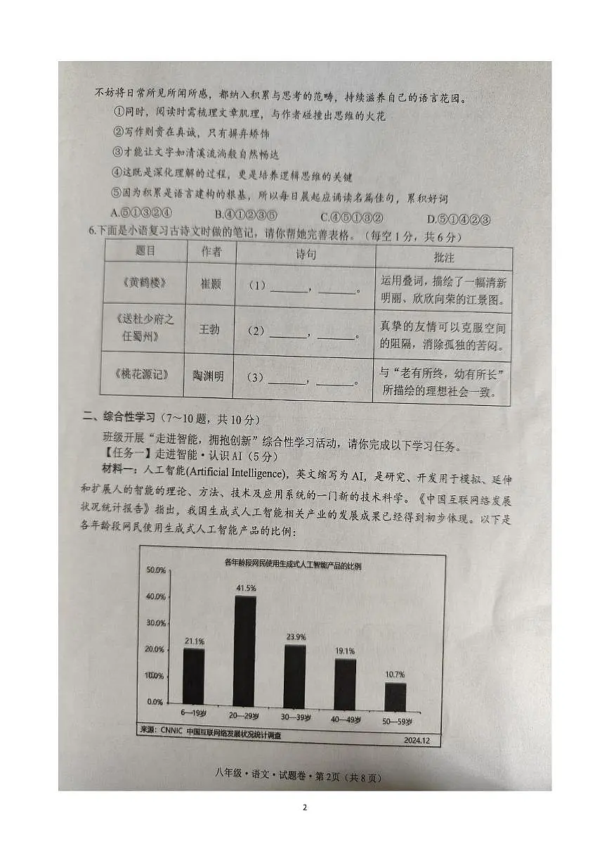 云南省文山州2024-2025学年八年级下学期期末语文试卷第2页