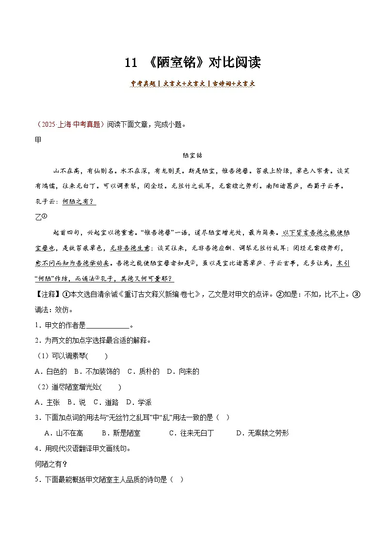 11. 《陋室铭》对比阅读（解析版）-2026年中考语文之文言文对比阅读讲练（全国通用）第1页