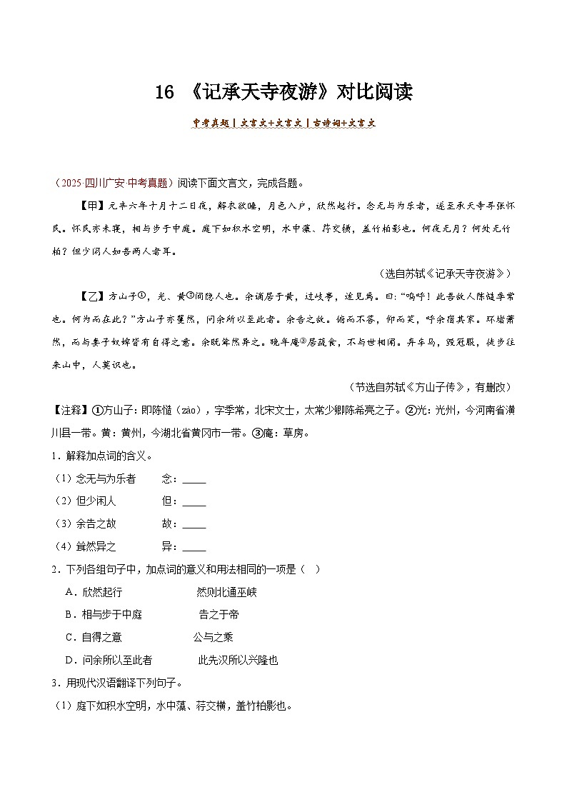 16. 《记承天寺夜游》对比阅读（原卷版）-2026年中考语文之文言文对比阅读讲练（全国通用）第1页