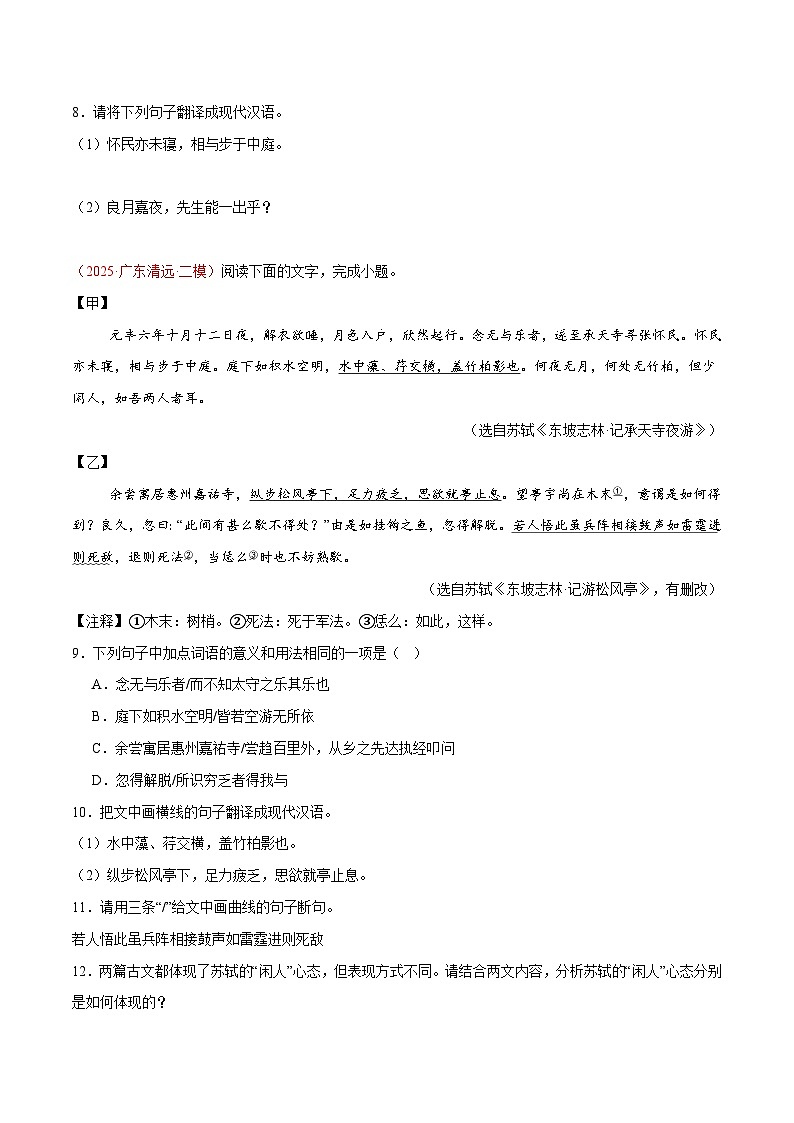 16. 《记承天寺夜游》对比阅读（原卷版）-2026年中考语文之文言文对比阅读讲练（全国通用）第3页