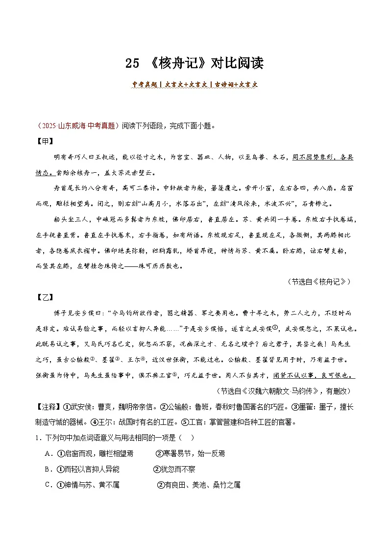25. 《核舟记》对比阅读（解析版）-2026年中考语文之文言文对比阅读讲练（全国通用）第1页