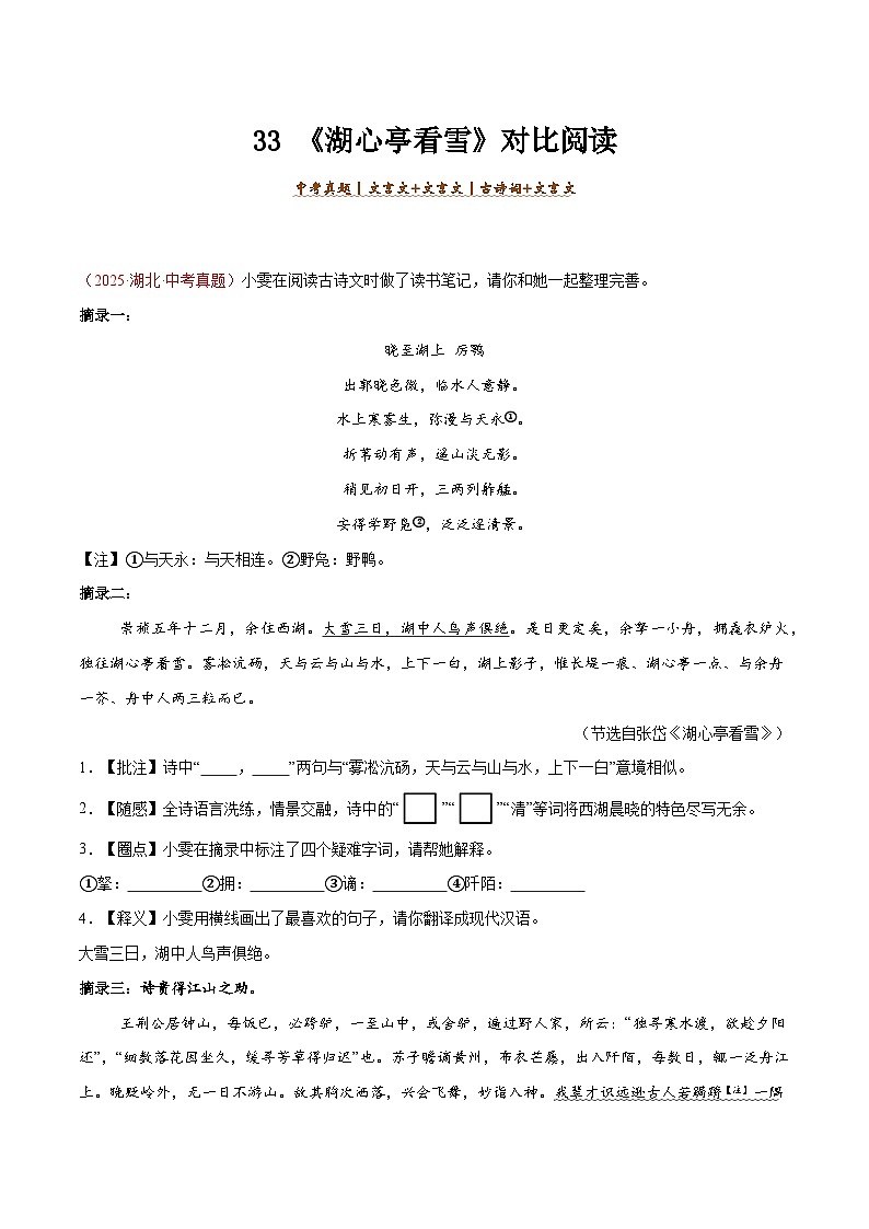 33. 《湖心亭看雪》对比阅读（解析版）-2026年中考语文之文言文对比阅读讲练（全国通用）第1页