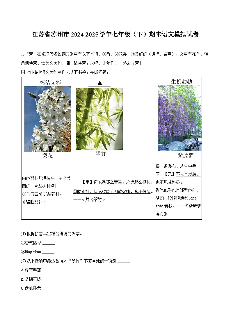 江苏省苏州市2024-2025学年七年级（下）期末语文模拟试卷第1页